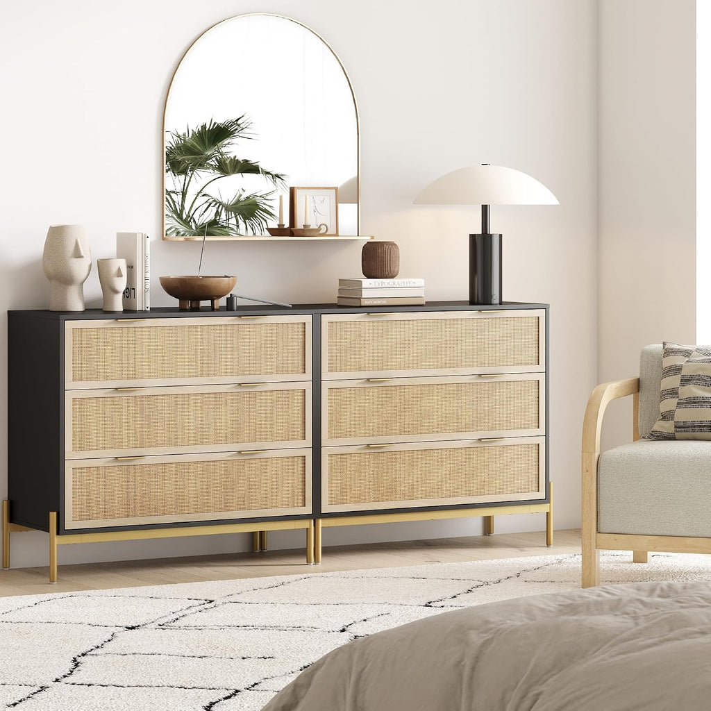 Nathan James Andrew 3-Drawer Chest Rattan Dresser, Bohemian Deep Drawer Dresser for Bedroom with Natural Rattan Accent and Metal Legs, Matte Black