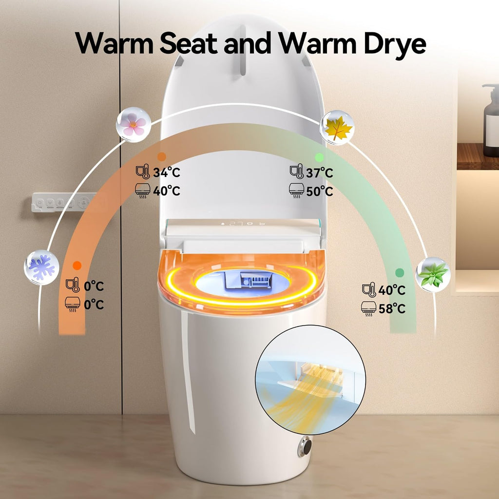 One Piece Toilet,Smart Toilet with Bidet Built In,Ceramic Toilet with Dryer and Warm Water, Intelligent Toilet Auto Open/Close Seat,Heated Seat,White