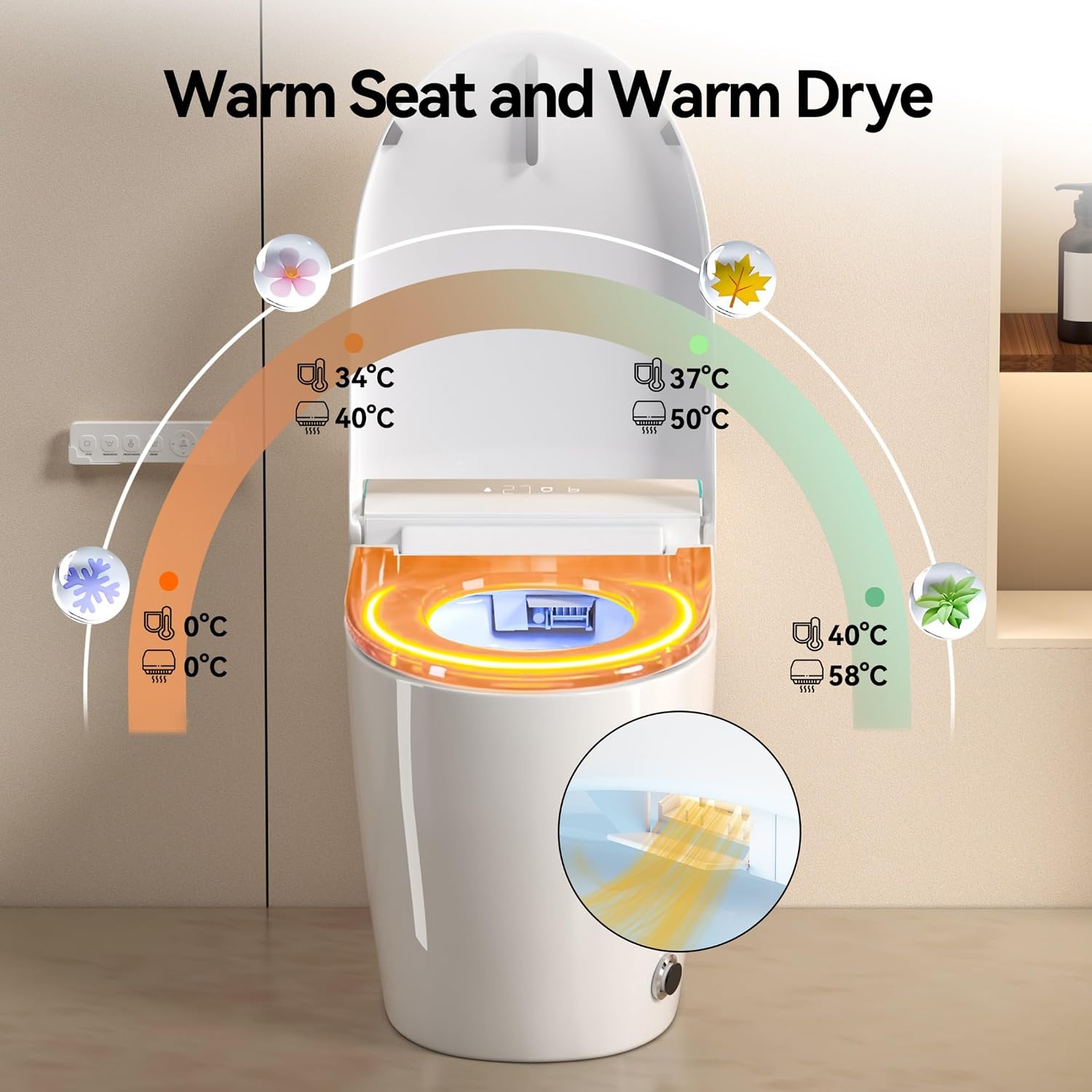One Piece Toilet,Smart Toilet with Bidet Built In,Ceramic Toilet with Dryer and Warm Water, Intelligent Toilet Auto Open/Close Seat,Heated Seat,White