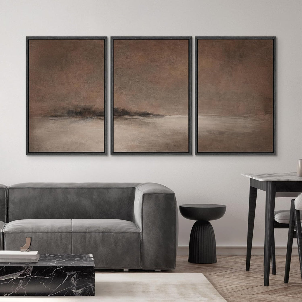 SIGNWIN Framed Canvas Print Wall Art Set Misty Brown Horizon Minimal Abstract Landscape in Warm Earth Tones Illustrations Modern Art Decorative for Living Room, Bedroom, Office - 24'x36'x3 Black