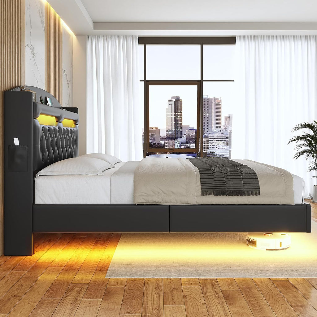 ADORNEVE Floating Bed Frame Full with Hidden Storage Headboard, Floating LED Bed Frame with Charging Station, Upholstered Leather Platform Bed with Storage, No Box Spring Needed, Black