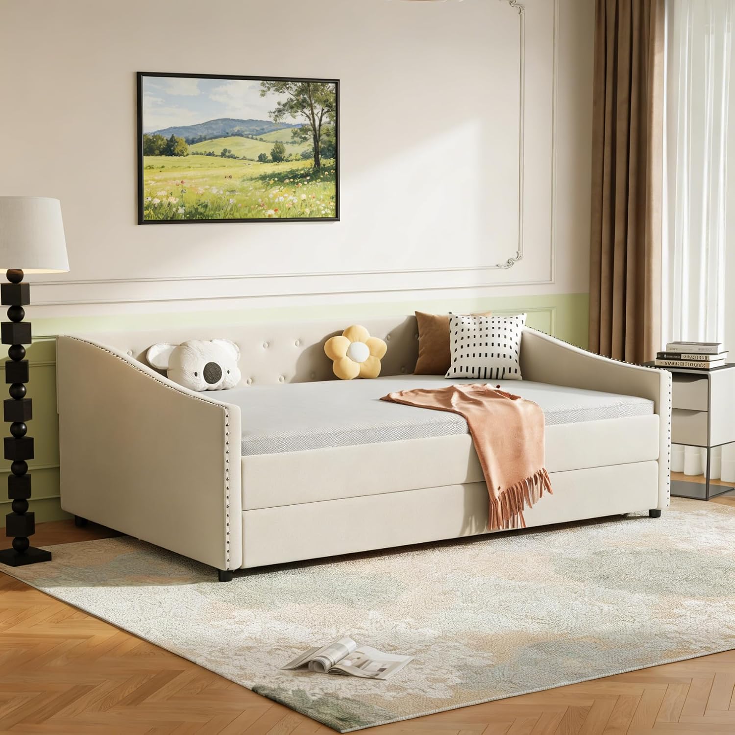 Upholstered Daybed with Trundle, Full Size Day Bed w/Button-Tufted Back and Piping on Waved-Shape Arms for Bedroom or Guest Room, No Box Spring Required,Beige