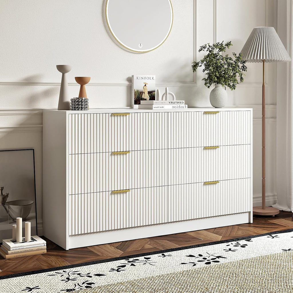 6 Drawer Dresser and Nightstand Sets for Bedroom, 3 Pcs Bedroom Set, Night Stand Set of 2 & 6 Drawer Dresser with Gold Handles, Modern Wood Chest of Drawers Storage Cabinet Set, White