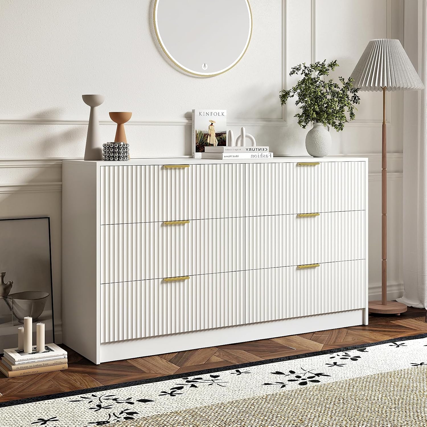 6 Drawer Dresser and Nightstand Sets for Bedroom, 3 Pcs Bedroom Set, Night Stand Set of 2 & 6 Drawer Dresser with Gold Handles, Modern Wood Chest of Drawers Storage Cabinet Set, White