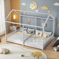 PVWIIK Full Double Montessori Floor Bed with Fence & Roof for Two Kids Teens Boys Girls,Full Floor Bed,Easy Assemble,No Box Spring Needed, White