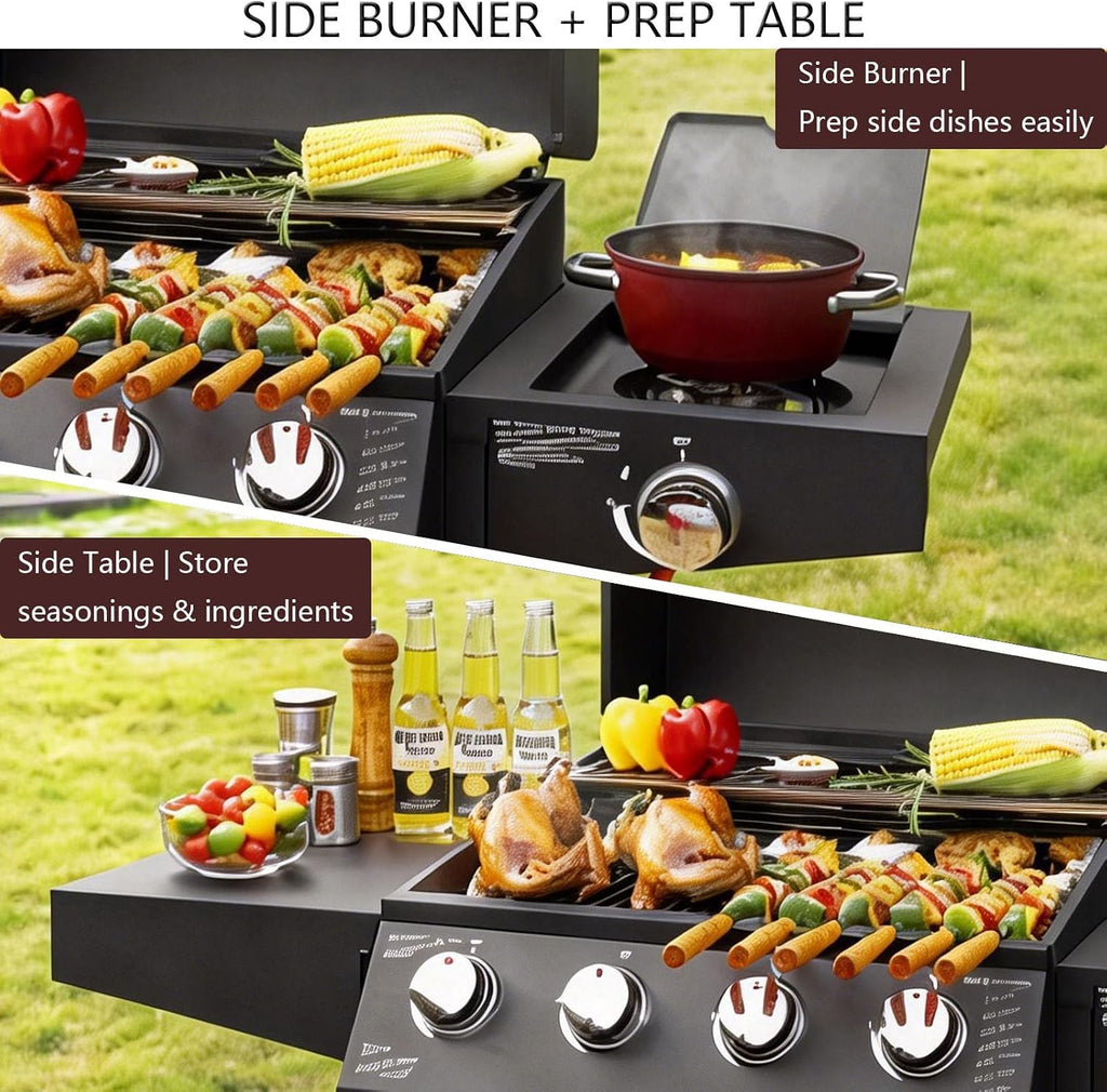 Propane Barbecue Grill with Side Burner and 4 Main Burners,Stainless Steel Barbecue Grill with Wheels and Storage,Griddle Grill Combo for Outdoor Cooking and Patio Barbecues