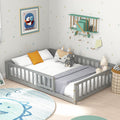 KOMFOTT Full Size Wood Floor Bed with Door & Fence, Montessori Bed Frame with Full Length Safety Guardrails, Slats Support, Door & Latch, Wooden Montessori Floor Bed, No Box Spring Needed (Grey)