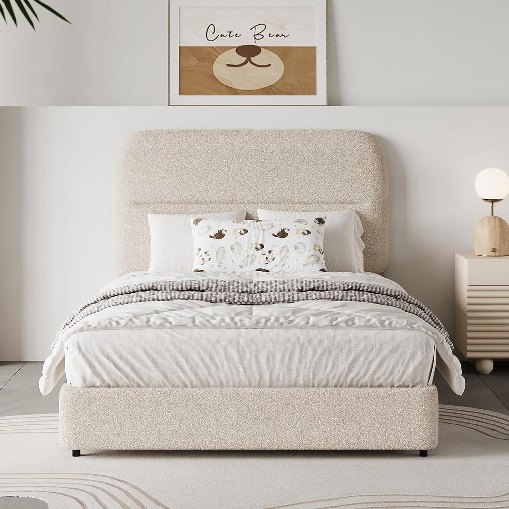 HOMBCK Twin Size Boucle Bed Frame, Upholstered Bed Frame with Headboard, Twin Bed Frames for Kids, Thickened Footboard/Rounded Corners/Adjustable Headboard/No Box Spring Needed/Easy Assembly, Beige