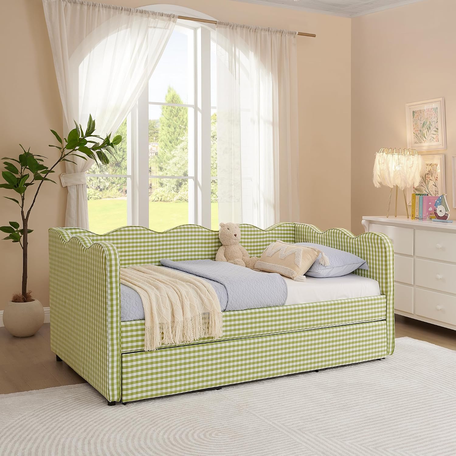 Twin to King Daybed with Trundle, USB Ports Soft Upholstered Daybed with Pop Up Trundle Bed Twin , Modern Extendable Day Bed Frame for Girls Bedroom Living Room Guest Room Small Places Sage Green