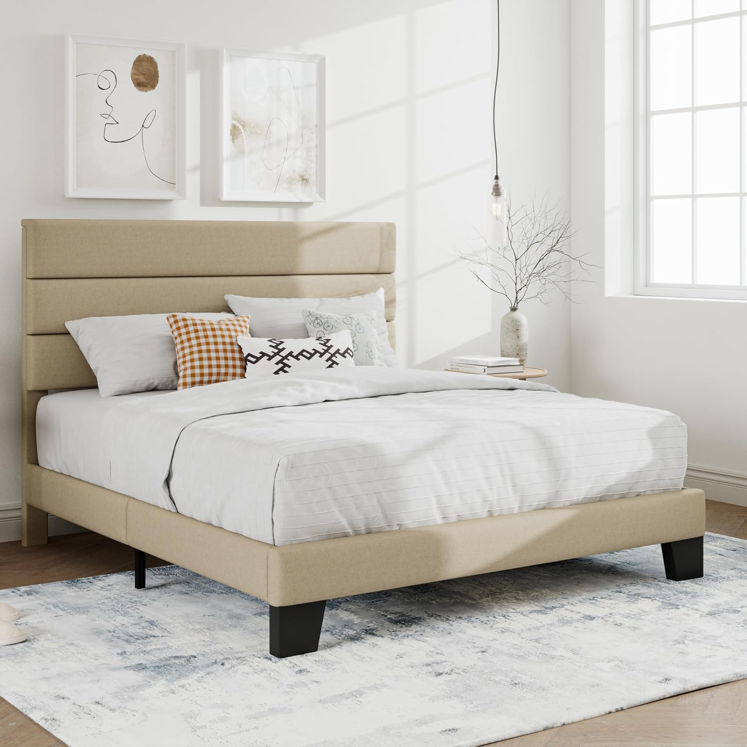 SHA CERLIN Queen Platform Bed Frame with Upholstered Fabric Headboard, Mattress Foundation with Strong Wooden Slats Support, No Box Spring Needed, Beige