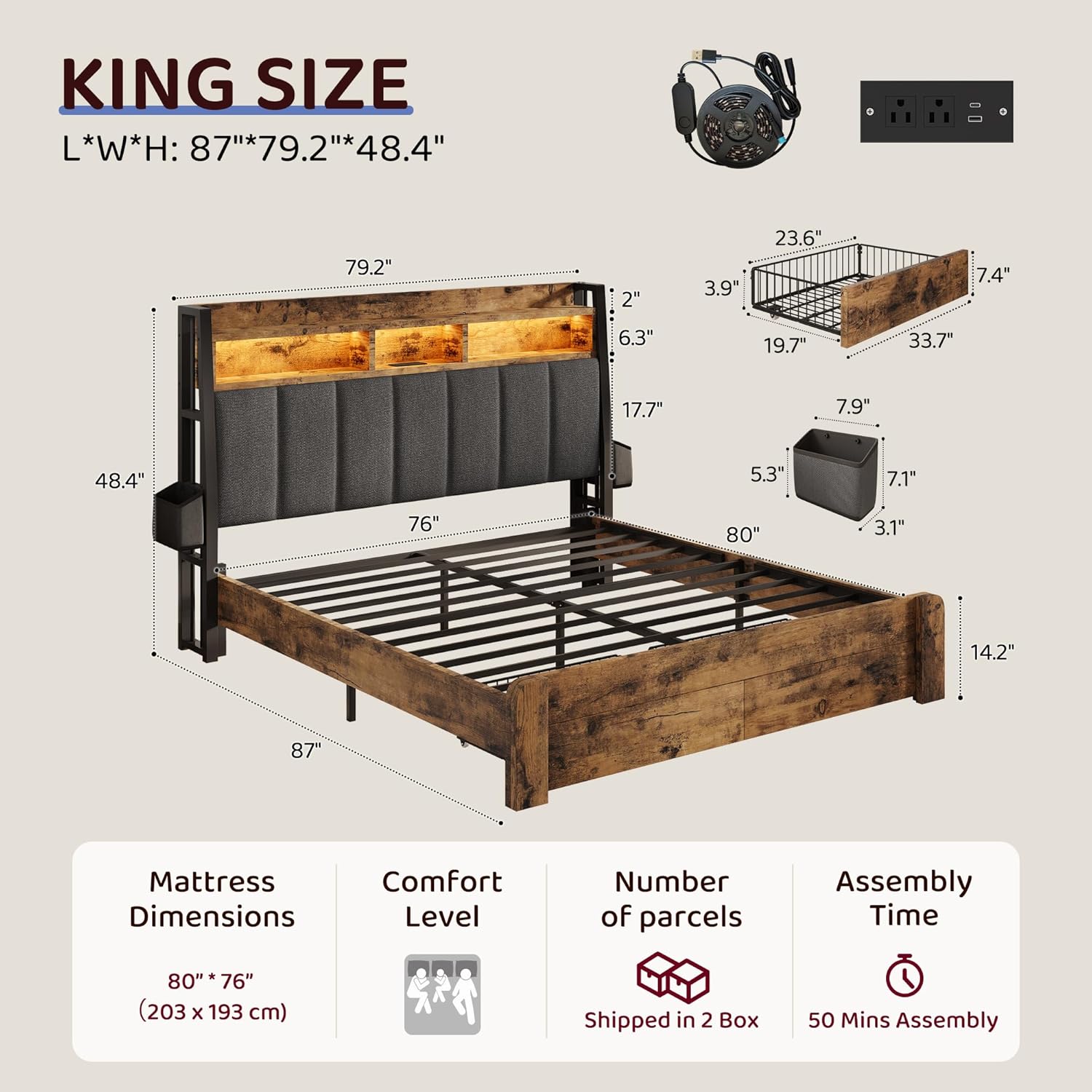 BRELTAM King Size Bed Frame with 2 Storage Drawers, Wood Platform Bed Frame with 2-Tier Storage Headboard Built in Charging Station & LED Light,Noise-Free/Metal Support/No Box Spring Needed,Brown