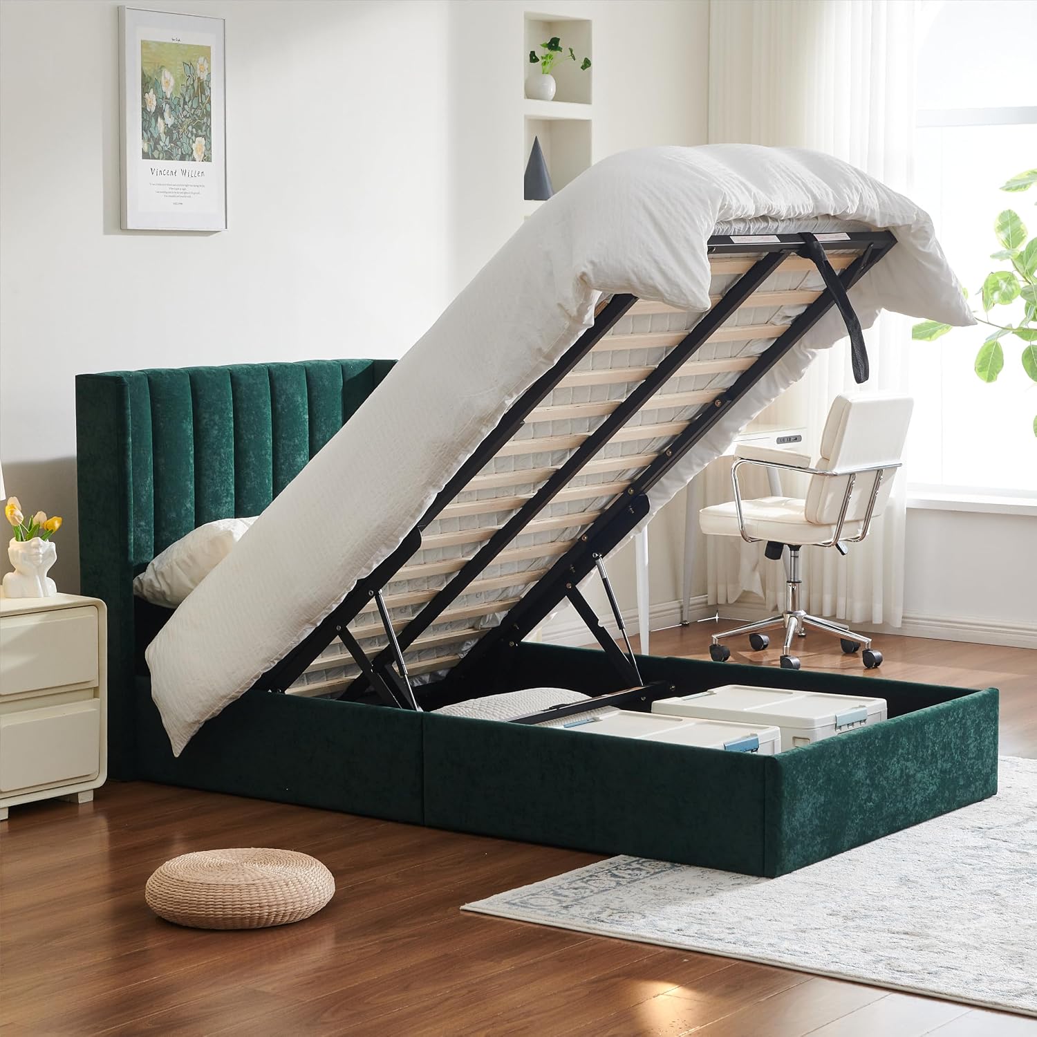 YUHUASHI Queen Size Hydraulic Storage Bed, Upholstered Platform Bed Frame, Modern Wingback Design Headboard, Velvet Fabric with Hydraulic Support Bars, No Box Spring Required (Ink Green, Twin)