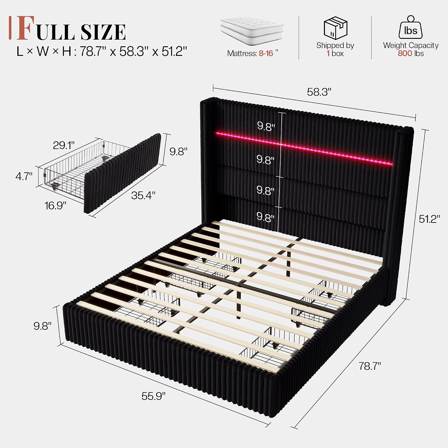 Jocisland Full Size Corduroy Upholstered Bed Frame with 4 Storage Drawers & 51.2' Tall Wingback Headboard, LED Platform Bed with Charging Station, Easy Assembly, No Box Spring Needed, Black