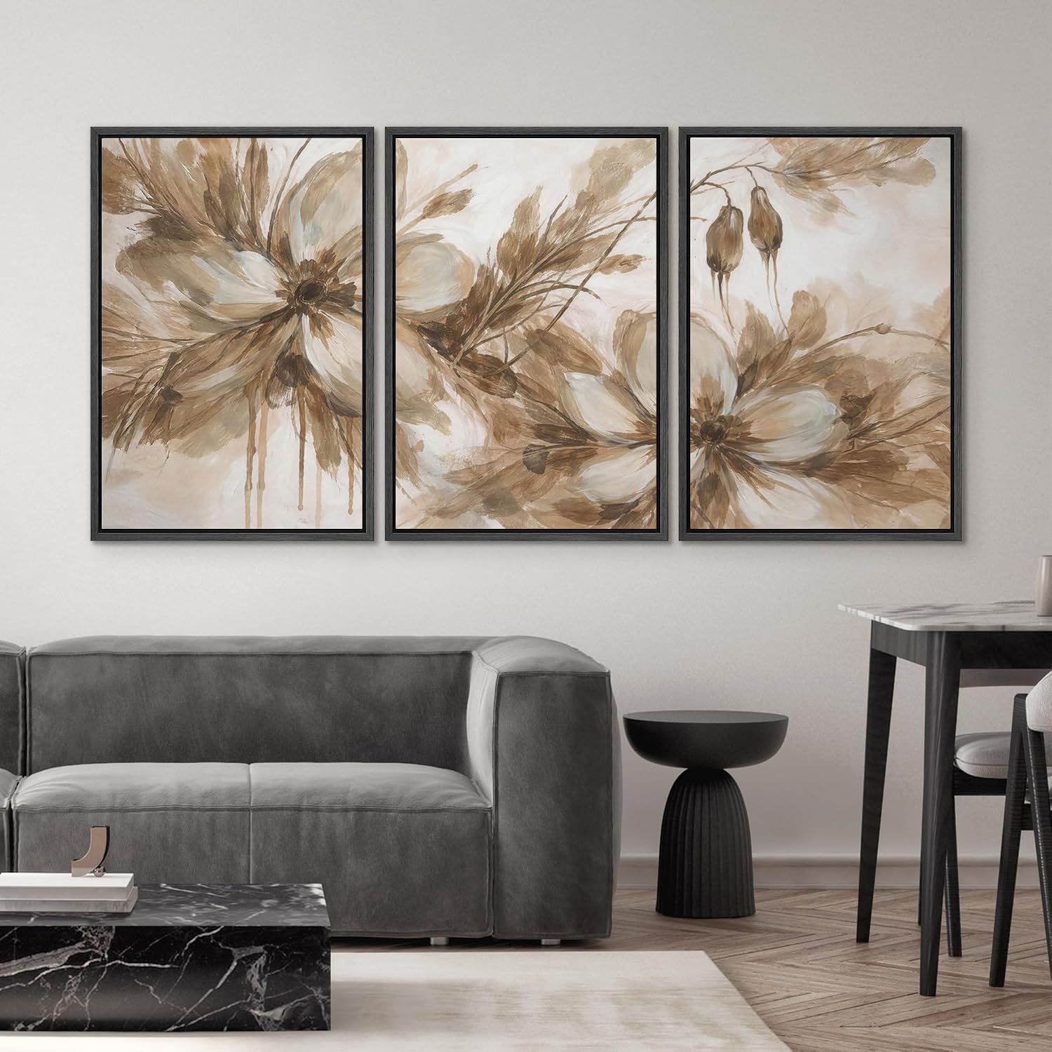 SIGNWIN Framed Canvas Print Wall Art Set Neutral Botanical Flowers Sepia Tone Floral Illustrations Modern Art Decorative Scenic Rustic for Living Room, Bedroom, Office - 24'x36'x3 Black