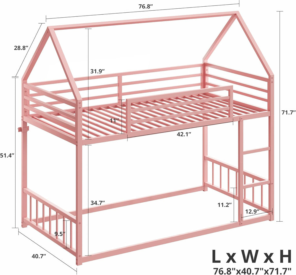 LIKIMIO Bunk Bed Twin Over Twin, House Bunk Bed Frame with Ladder and Guardrail, House Shaped with Metal Slats for Dormitory and Bedroom, Space Saving, No Box Spring Needed, Pink