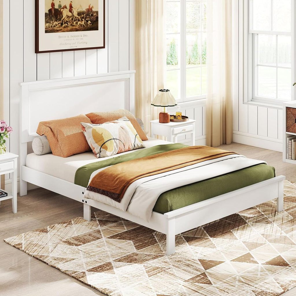 GOFLAME Full Size Wood Bed Frame, Mid-Century Modern Platform Bed with Headboard, Solid Wood Legs, Mattress Foundation with 12 Wooden Slats, No Box Spring Needed, White