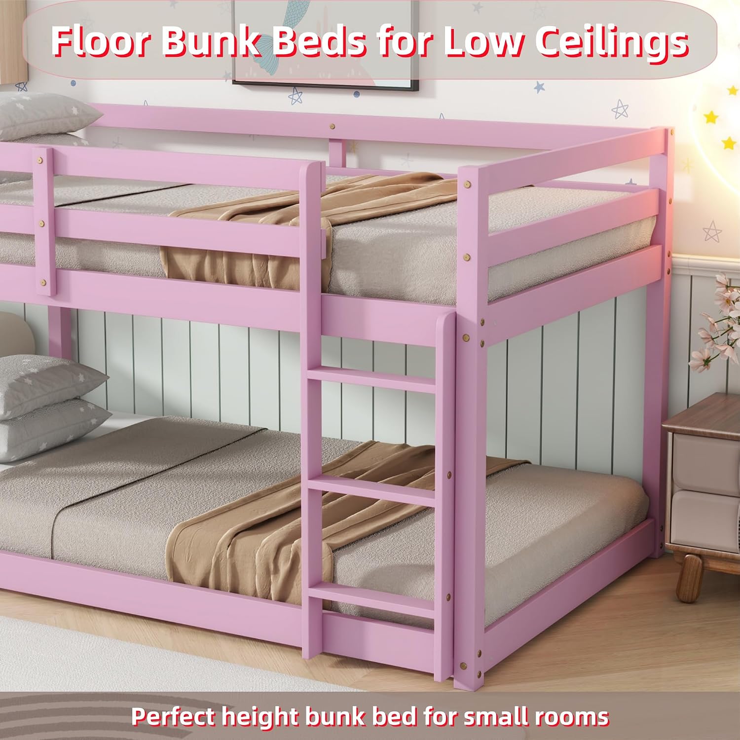 Bunk Bed Twin Over Twin, Floor Bunk Bed with Ladder, Safety Guard Rails, Heavy Duty Wooden Twin Bunk Beds Frame Low Bunkbeds No Box Spring Required, Pink