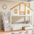 Merax Twin Over Twin Wooden Bunk Bed with Two Drawers and Storage Staircase, Twin Size House Bunk Bed Frame with Window Door Guardrails for Teens, Boys, Girls Bedroom, White+Natural