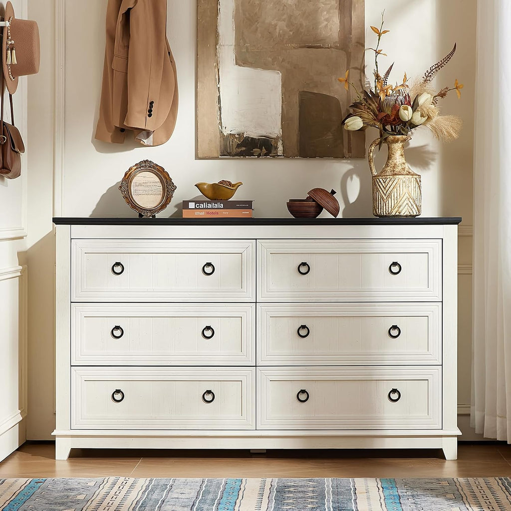 Joaxswe 6 Drawers Dresser for Bedroom, Farmhouse 54'' White Dresser Chest of Drawers, Vintage Design Wood TV Stand, Rustic Storage Dressers Organizer for Bedroom, Living Room, Hallway