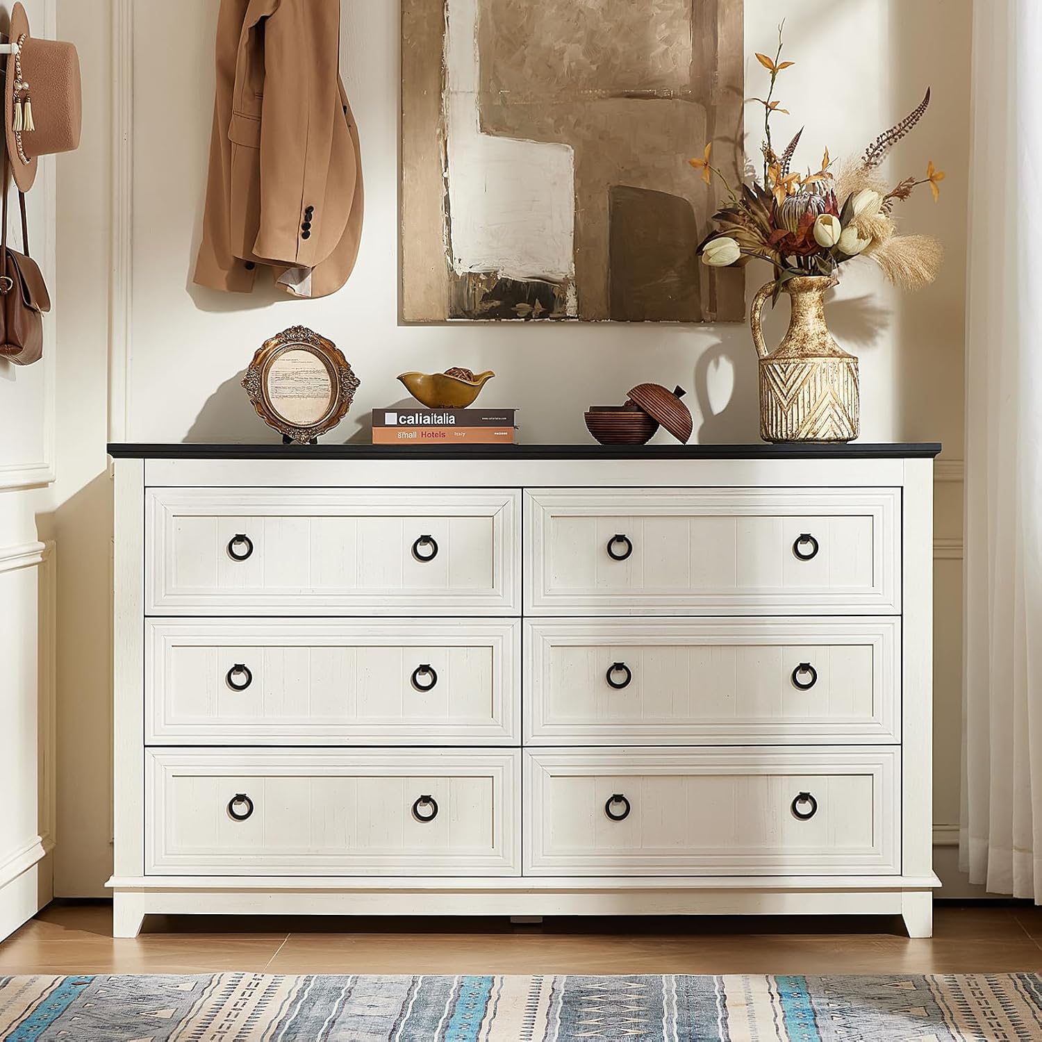 Joaxswe 6 Drawers Dresser for Bedroom, Farmhouse 54'' White Dresser Chest of Drawers, Vintage Design Wood TV Stand, Rustic Storage Dressers Organizer for Bedroom, Living Room, Hallway