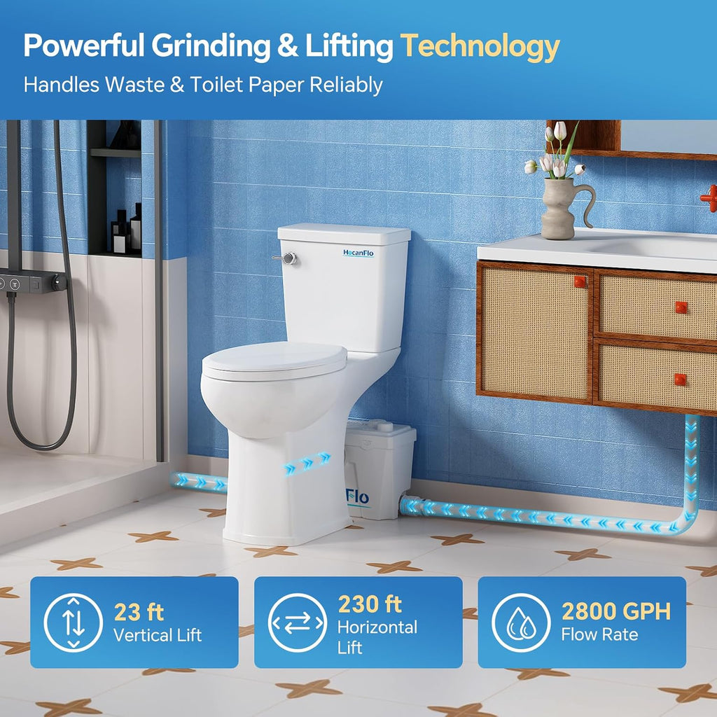 Upflush Macerating Toilet System – 21' ADA Compliant Tall Toilet with Macerator Pump Durable Copper Grinder with 4 Inlets for Basement Kitchen, Shower, Sink & Laundry, Extension Pipe Included