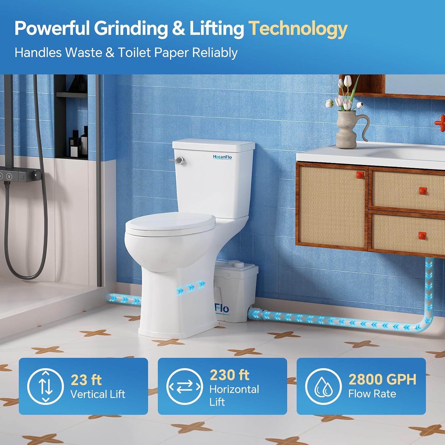 Upflush Macerating Toilet System – 21' ADA Compliant Tall Toilet with Macerator Pump Durable Copper Grinder with 4 Inlets for Basement Kitchen, Shower, Sink & Laundry, Extension Pipe Included