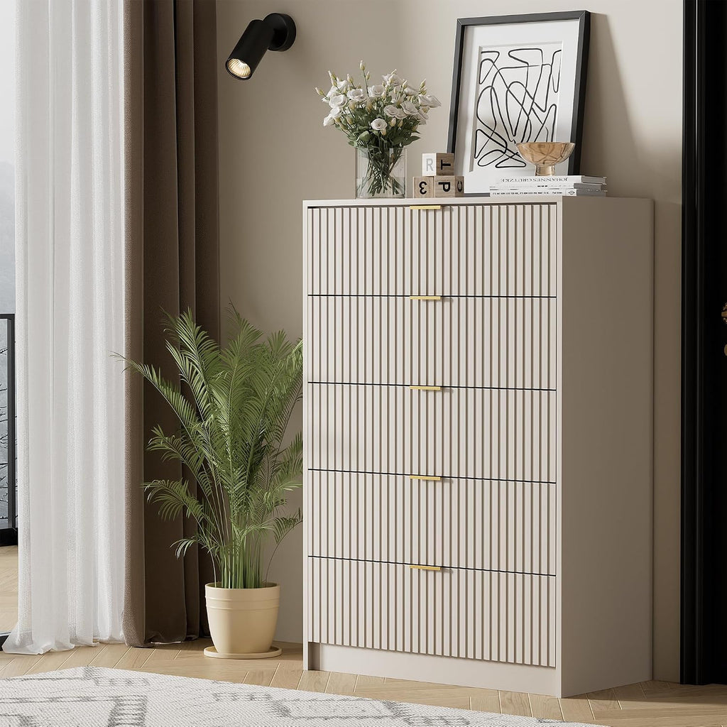 Furniway Beige Dresser Bedroom Set 3 Pieces, Nightstands Sets of 2, 5 Drawer Dresser with Gold Handles for Bedroom