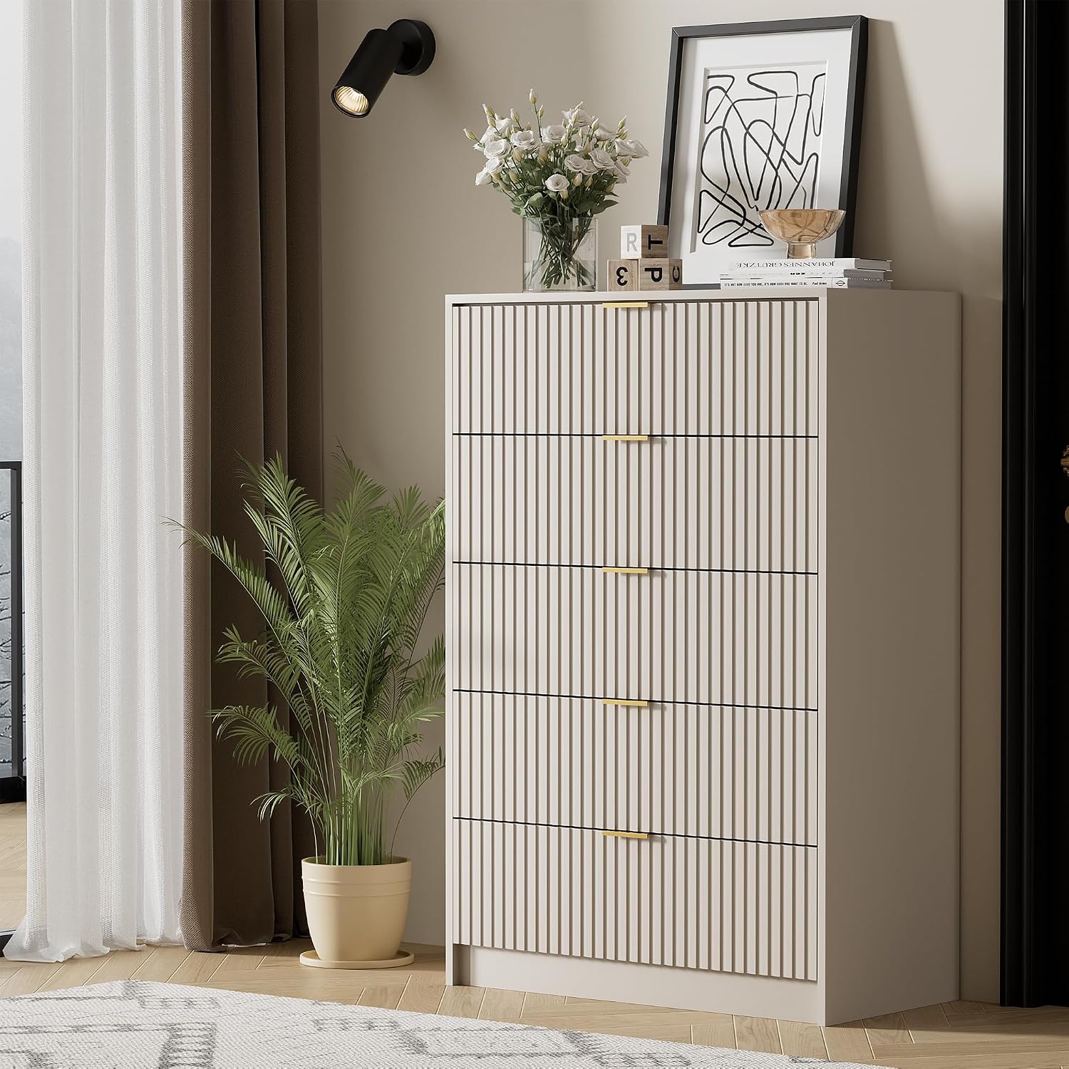 Furniway Beige Dresser Bedroom Set 3 Pieces, Nightstands Sets of 2, 5 Drawer Dresser with Gold Handles for Bedroom