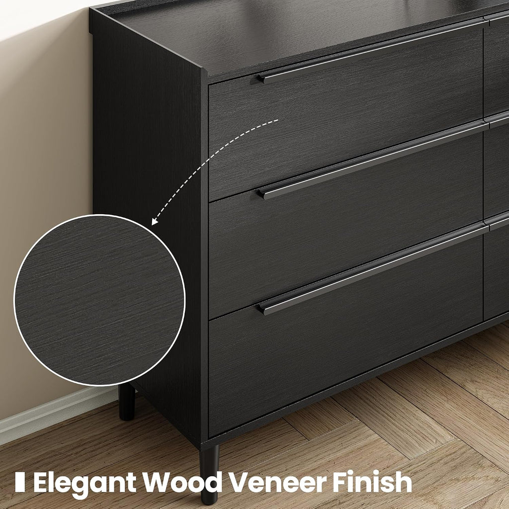 54' Wide Black 6 Drawer Dresser for Bedroom, Modern Wood Double Dresser with Raised-Edge Gallery Top, Metal Handles, Tapered Legs, Wide Chest of Drawers, Black Oak