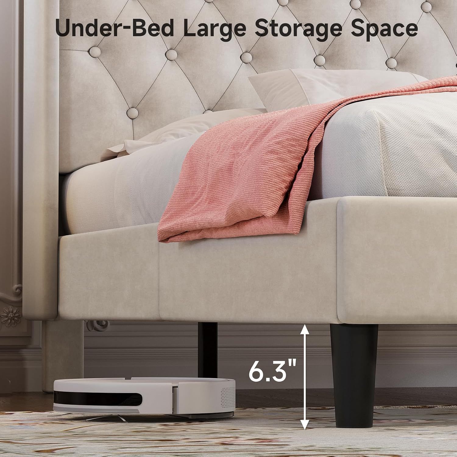 koorlian Full Size Bed Frame, Full Bed Frame with Headboard, Adjustable Velvet Upholstered Bed Frame with Type-C&USB Port, Wingback Storage Headboard, Solid Wood Slats Support, Noiseless, Beige