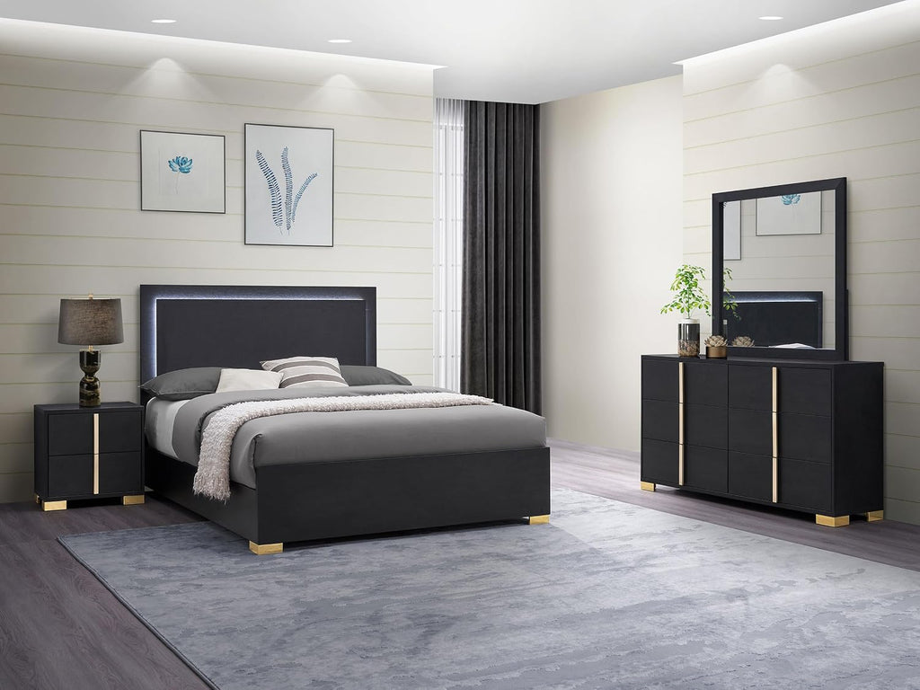 Coaster Home Furnishings Marceline Contemporary 4-Piece Bedroom Set Full Size LED Panel Bed Frame 51-inch Headboard Black 222831F-S4