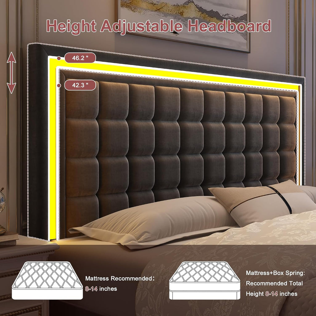 GEGOFORU Full Bed Frame with LED Lighting and Storage Drawers, No Box Spring Needed, Supports 900 lbs, Easy Assembly, Quiet and Sturdy Design, Velvet Gray