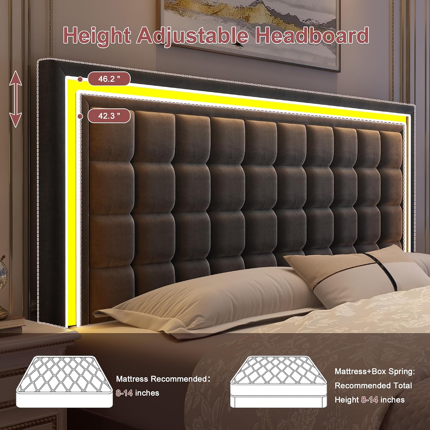 GEGOFORU Full Bed Frame with LED Lighting and Storage Drawers, No Box Spring Needed, Supports 900 lbs, Easy Assembly, Quiet and Sturdy Design, Velvet Gray