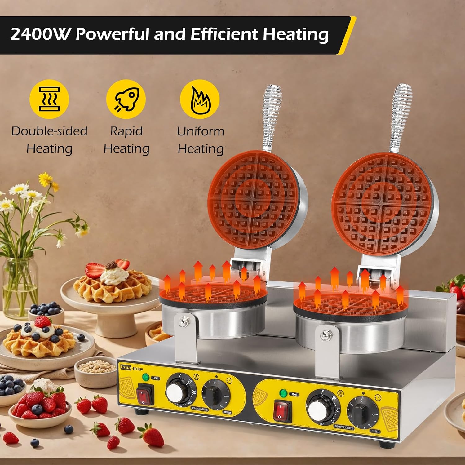 Dyna-Living Double Head Commercial Waffle Maker 2400W & Commercial Electric Griddle 22'' Flat Top Grill Countertop 122°F-572°F Temp Adjustable