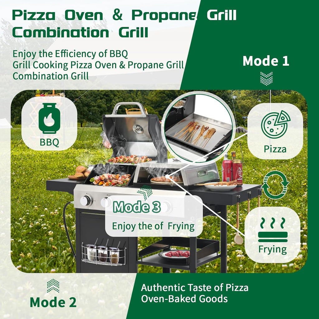 2+2 Multi-function Pizza Griddle Grill Combo,4 Burners Stainless Steel Propane Gas Grill,49,200 BTU Output for Outdoor BBQ,Frying,Pizza Making,Patio Backyard Barbecue,Deck