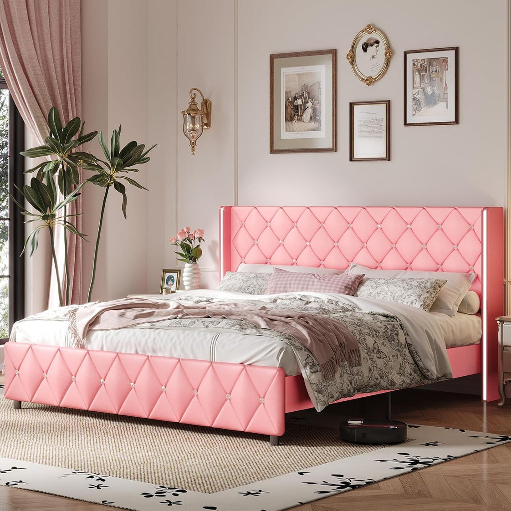HOMBCK King Bed Frame and Headboard, Faux Leather Upholstered Bed with Wingback Design, Pink Bed Frame with Diamond, No Box Spring Needed, Easy Assembly, Pink