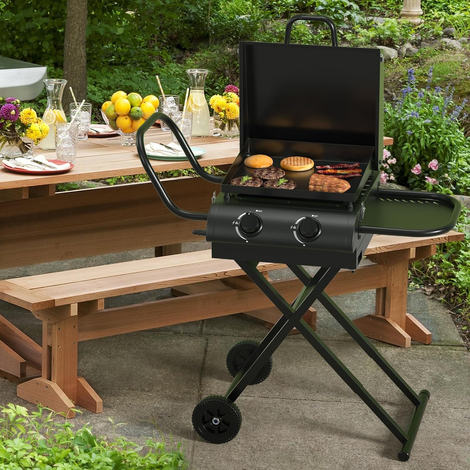 Portable Propane Griddle Grill with Hood, Side Shelf, & Adjustable Heat Zones - Folding Gas Grill for Outdoor Cooking Patio Backyard Camping RV Tailgating