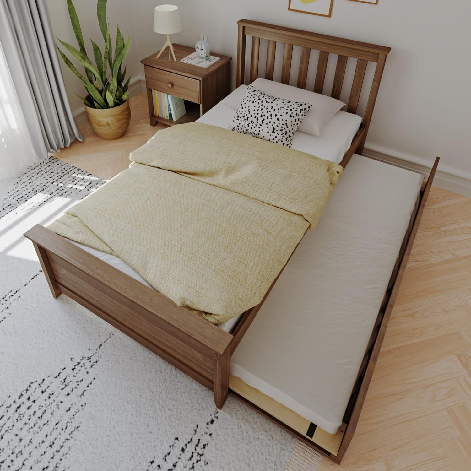 Max & Lily Classic Twin Bed, Slatted Headboard, with Trundle, Walnut