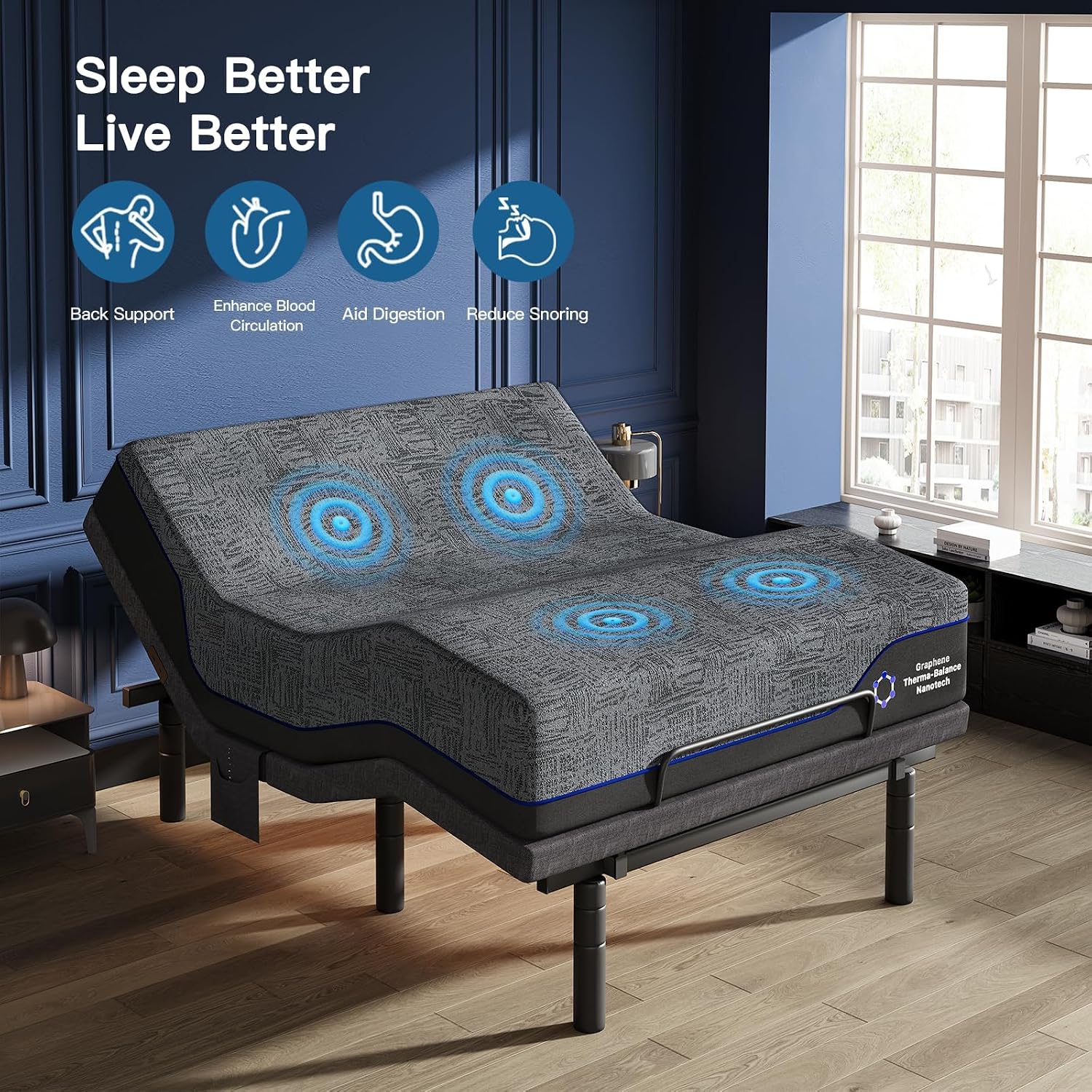 Pipishell Queen Adjustable Bed Frame and 12 Inch Memory Foam Mattress with Massage, Zero Gravity, Anti-Snore, Head and Foot Incline, Wireless Remote, 4 USB Ports, LED Night Light, Medium Firm Support