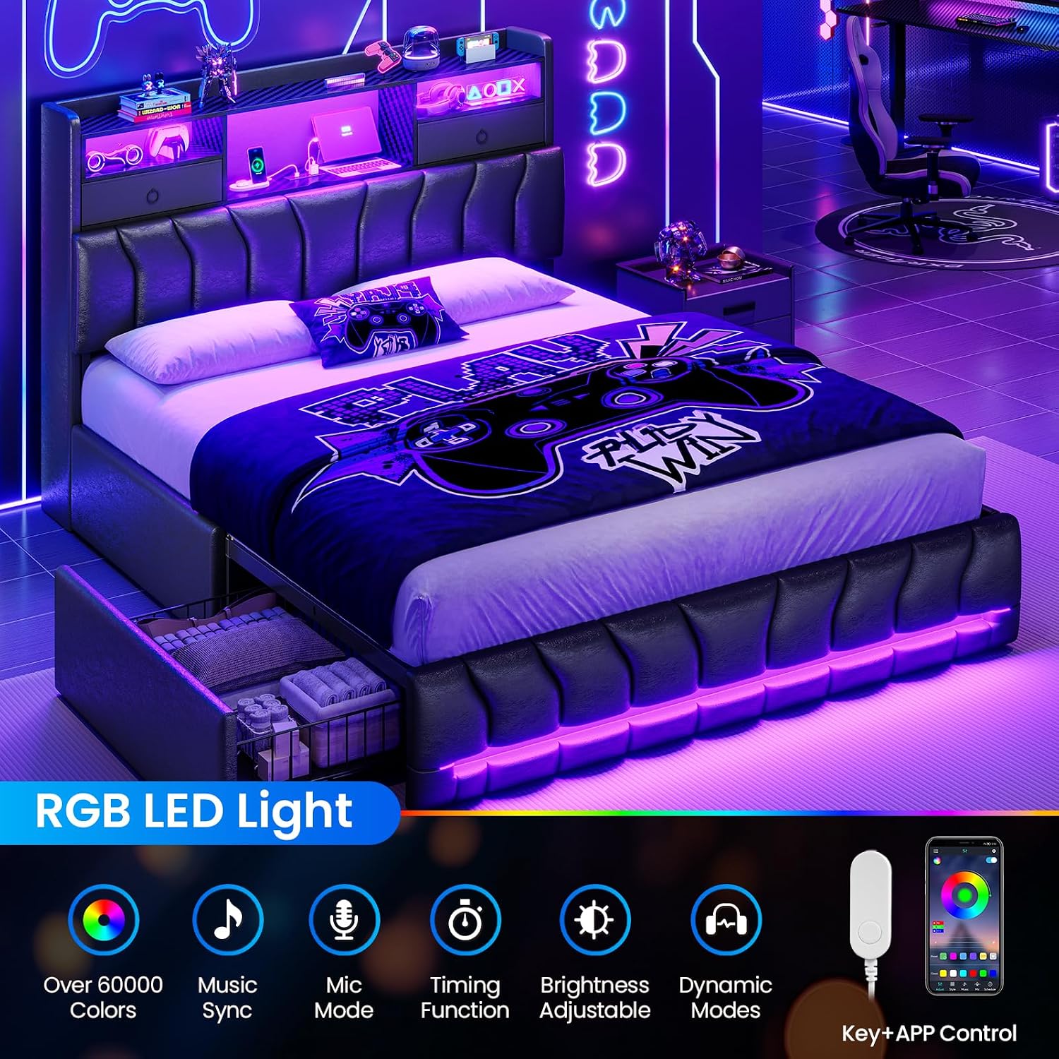 DICTAC Full Bed Frames with Storage Headboard and 2 Large Drawers, Gaming Bed with RGB Lights and Charging Station, Leather Upholstered Platform Bed, Esports-Style Bed, No Box Spring Needed, Black