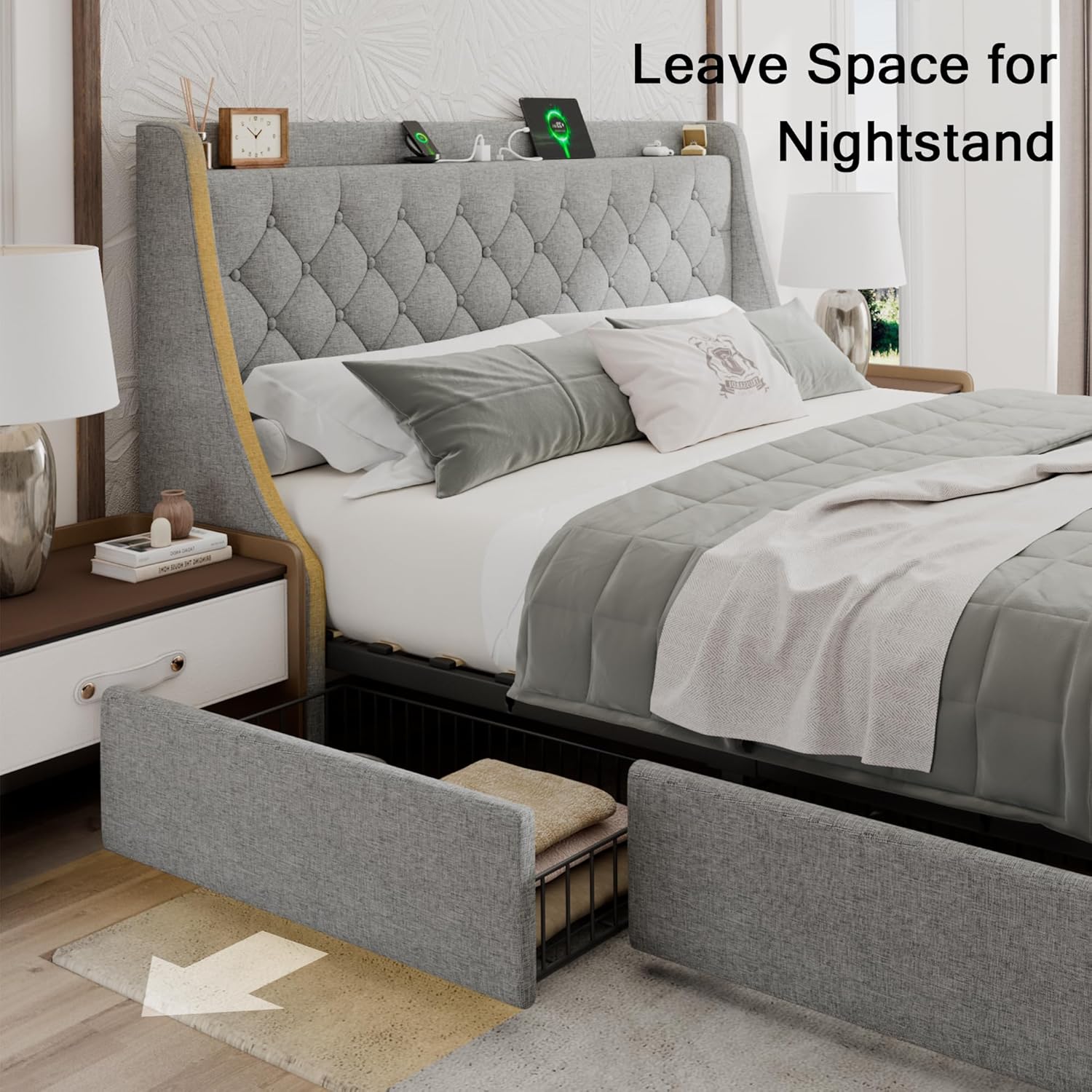 Einhomn Upholstered King Size Bed Frame with 4 Storage Drawers, Modern Platform Bed with Wingback Headboard, Charging Station, No Box Spring Needed, Light Grey