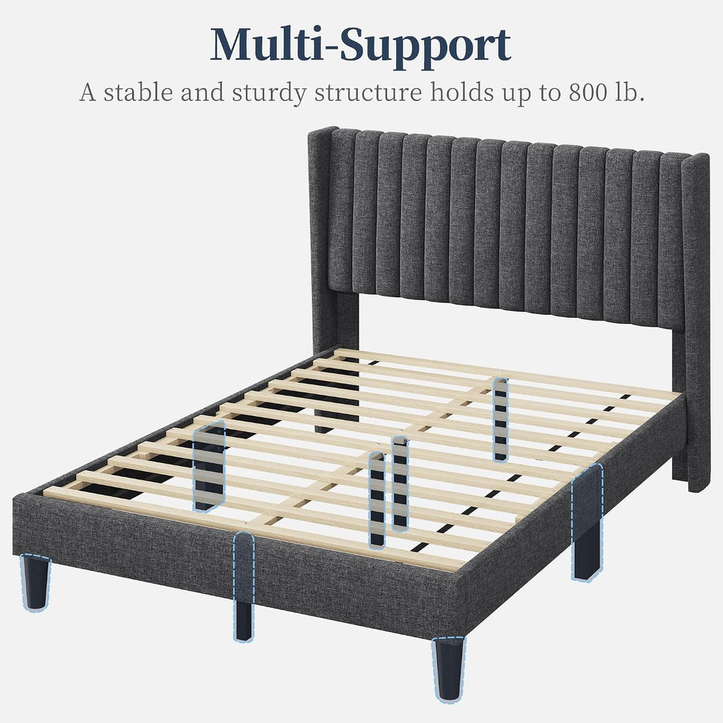 Yaheetech Full Bed Frame Upholstered Platform Bed with Fabric Headboard, Wing Edge Design/Non-Slip and Noise-Free/Wooden Slats Support/No Box Spring Needed/Easy Assembly, Dark Gray Full Bed