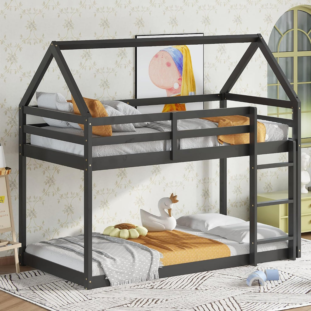 Bellemave Twin Over Twin Bunk Bed, Wooden House Bunk Bed with Ladder and Guardrail for Bedroom, Dormitory, Floor Bunk Beds with Headboard and Footboard for Kids, Teens, No Box Spring Needed, Black