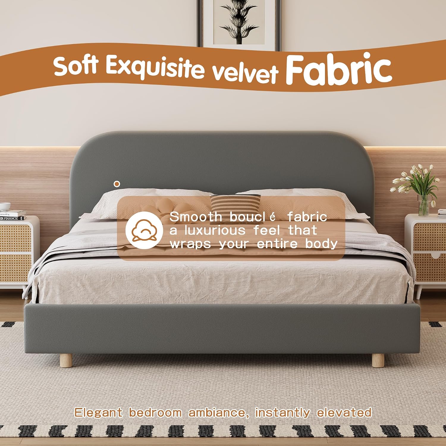 Luxurious Velvet Queen Size Upholstered Platform Bed, Modern Solid Bed Frame with Curve-Shaped Design and Thick Headboard for Bedroom, Easy 15-30 min Assembly,Grey