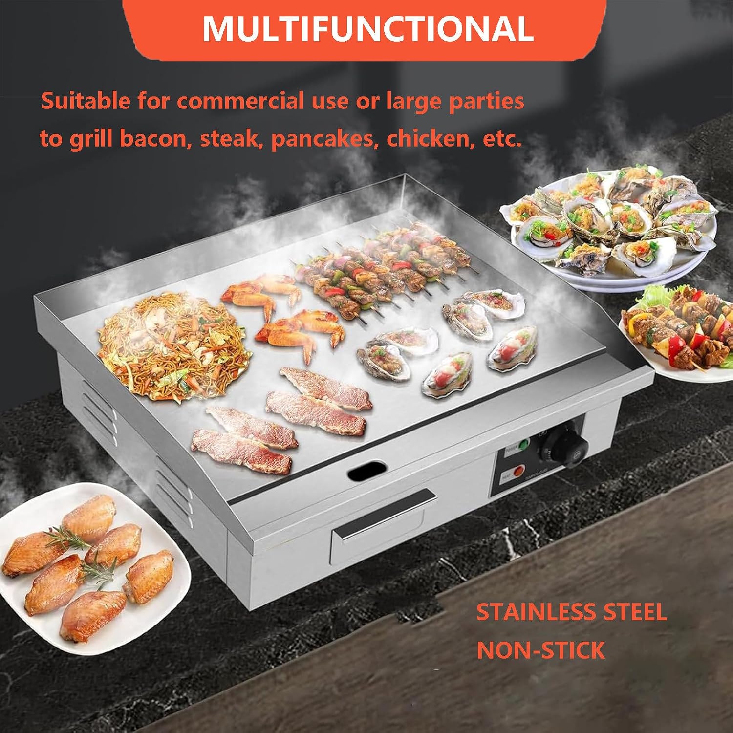 Electric Flat Top Grill Commercial Griddle 50-300℃, Stainless Steel Steak Bacon Fryer For Outdoor Camping, With Raised Baffle & Oil Storage Box & Radiation Hole & Rubber Feet,1500W