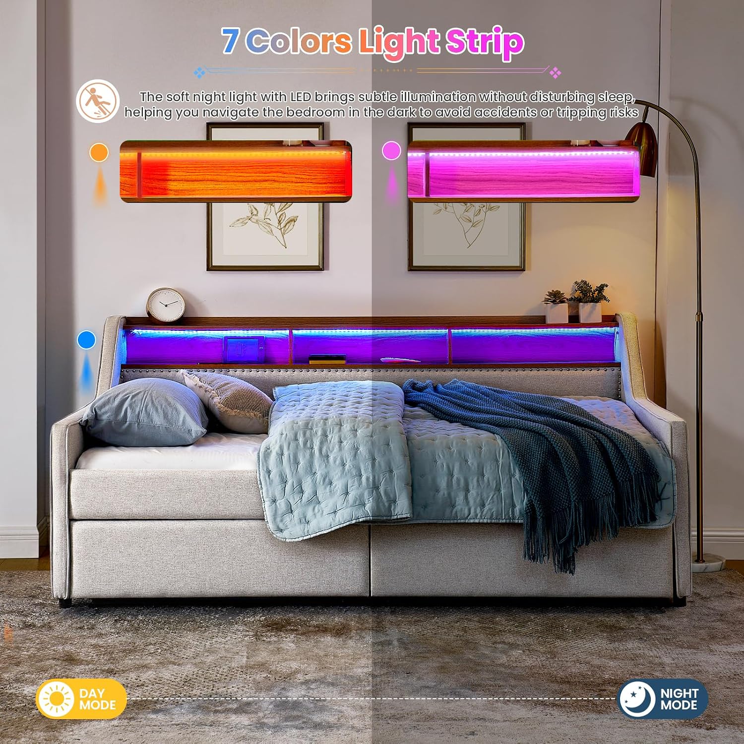 Antetek Twin Daybed with Storage Drawers & Wireless Charger, Upholstered Linen Daybed Frame with USB/Type C/LED Headboard, Modern Sofa Day Bed for Living Room, No Box Spring Needed, Beige