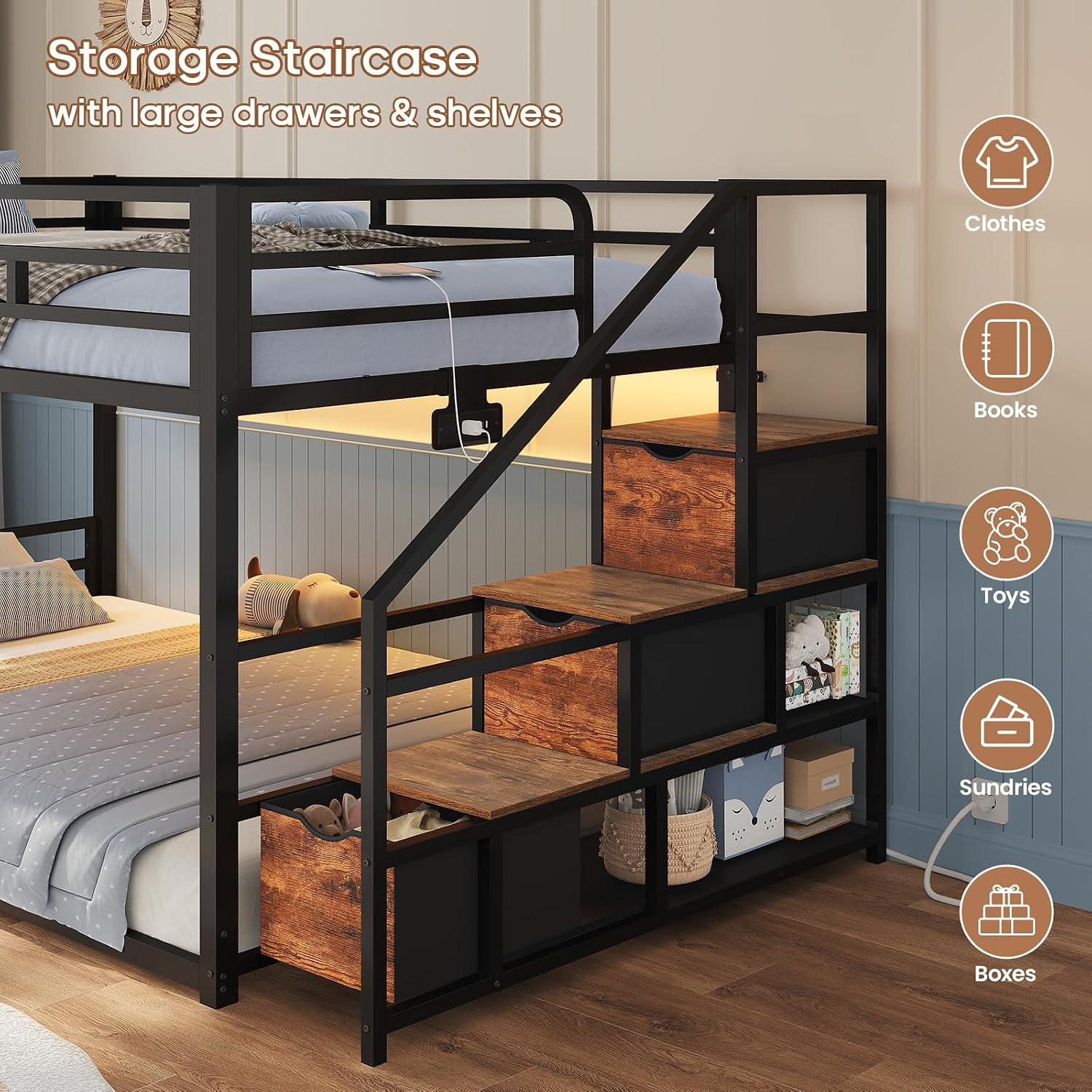 ADORNEVE Low Bunk Bed Twin Over Twin with Storage Staircase, Drawers & Shelves, RGB LED Lights Metal Floor Bunk with Power Outlet, Full-Length Guardrail & Metal Slats, for Small Space, Kids, Black