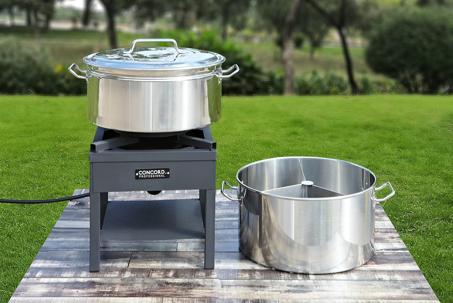 CONCORD Extra Large Outdoor Stainless Steel Stock Pot Steamer and Braiser Combo. Great for steaming oysters, crab, crawfish and more (40 QT)