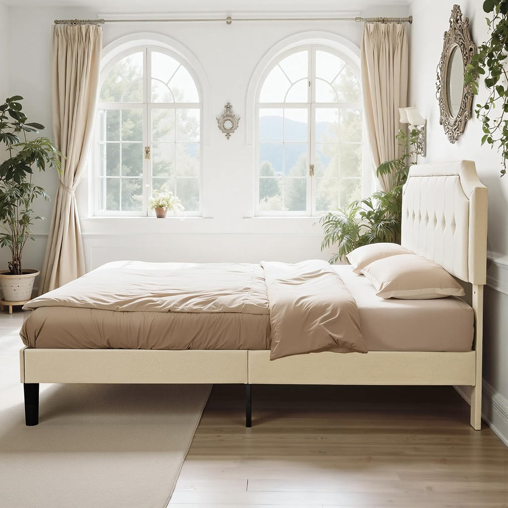 VECELO Full Size Platform Bed Frame with Fabric Upholstered Headboard and Wooden Slats Support, No Box Spring Needed/Easy Assembly,Beige