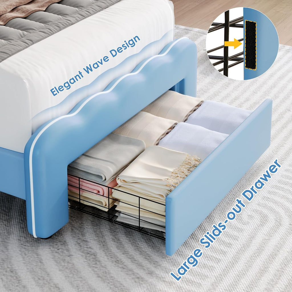 HOSTACK Twin Upholstered LED Bed Frame with Storage Drawers, Cute Boys Bed with Adjustable Lotus Headboard, Faux Leather Platform Bed Frame, Wooden Slats Support, No Box Spring Needed, Blue/White